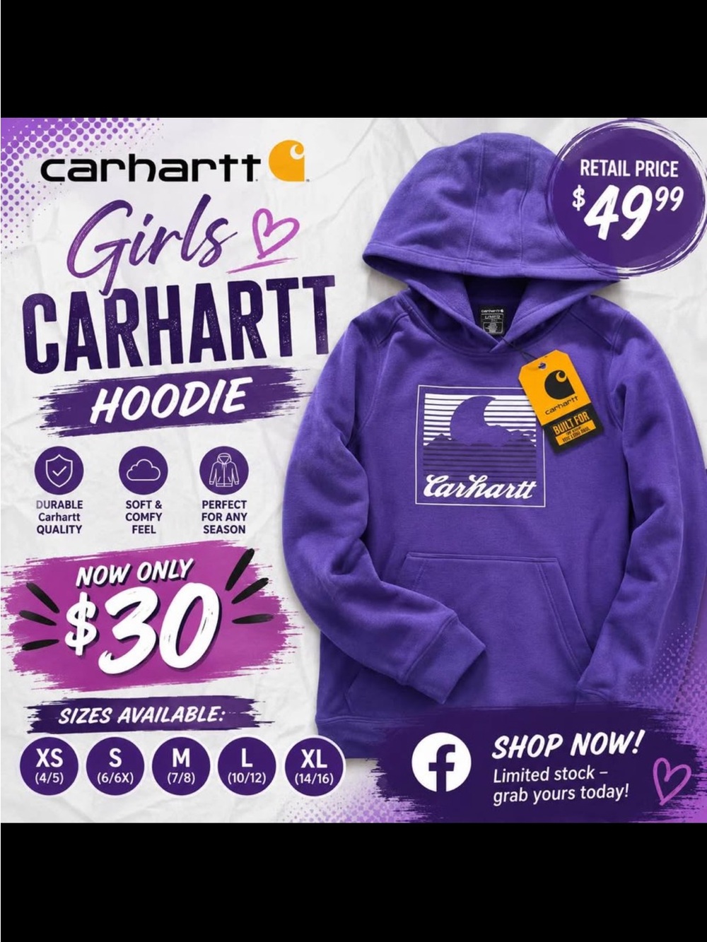 Carhartt Girls Purple Pullover Hoodie with Front Logo